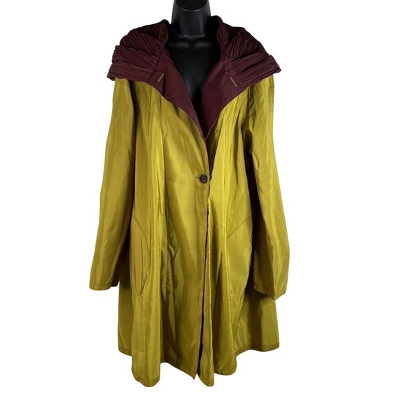 MYCRA PAC Donatella Women XL Olive Green Burgundy Pleated Hood Raincoat USA Read - Picture 2 of 16